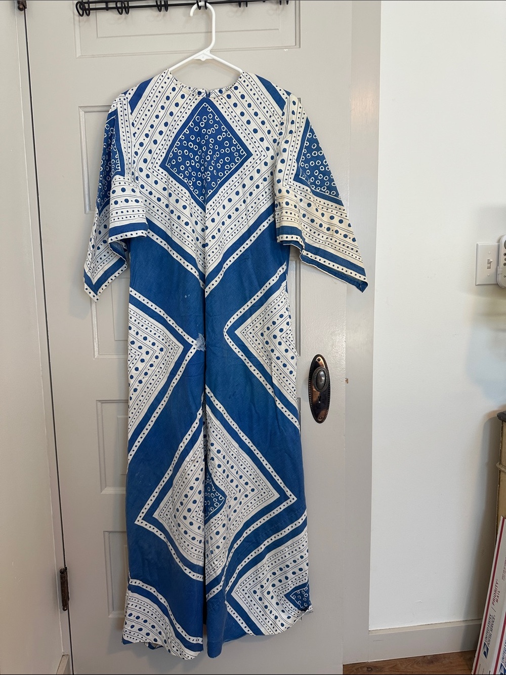 Vintage 70s Keylounge Geometric Maxi Dress Caftan Size 40 - 100% Cotton Pockets